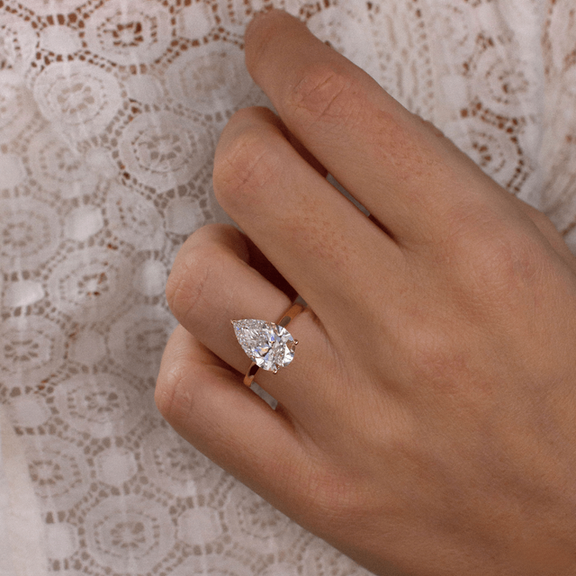 3 Carat Lab Grown Pear Shaped Diamond Rose Gold Kate Solitaire Hidden Halo Engagement Ring
