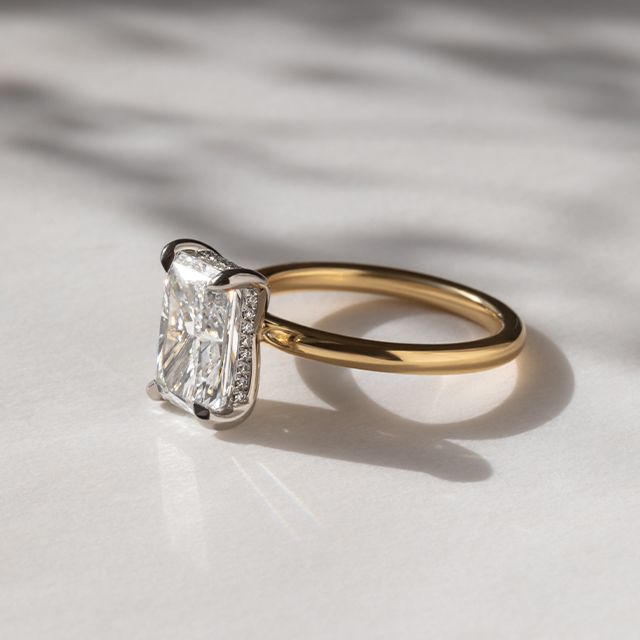 3 Carat Lab Grown Radiant Cut Diamond Kate Two Tone Yellow Gold Engagement Ring