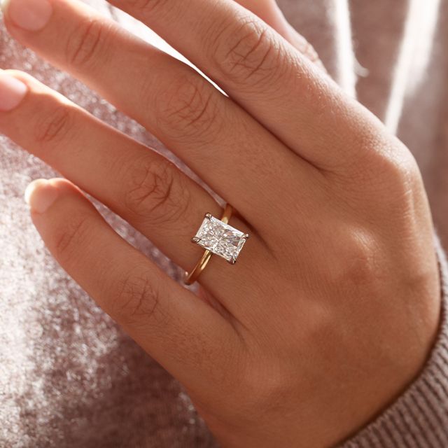 3 Carat Lab Grown Radiant Cut Diamond Kate Two Tone Yellow Gold Engagement Ring