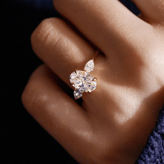 2.00ct Vivian Yellow Gold Trilogy Engagement Ring Oval And Pear Lab Diamond