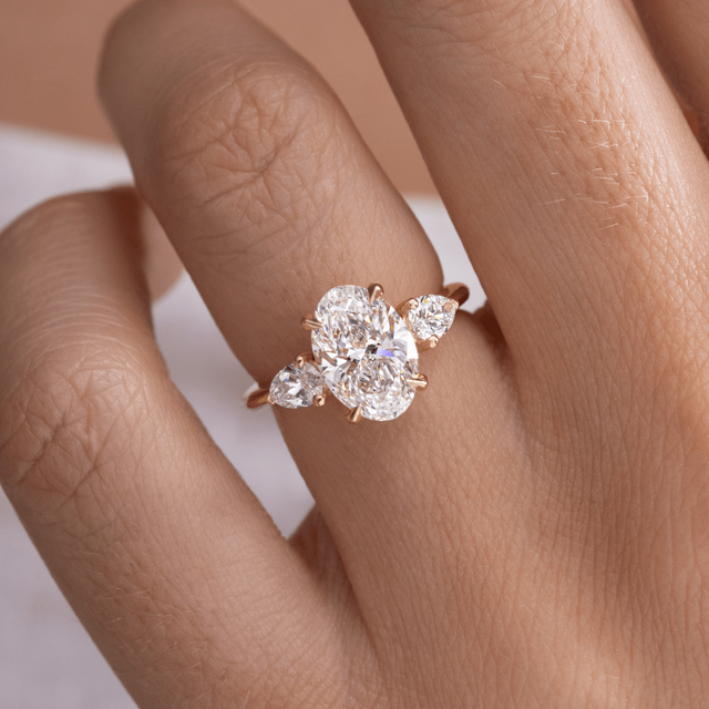 2.00ct Vivian Yellow Gold Trilogy Engagement Ring Oval And Pear Lab Diamond