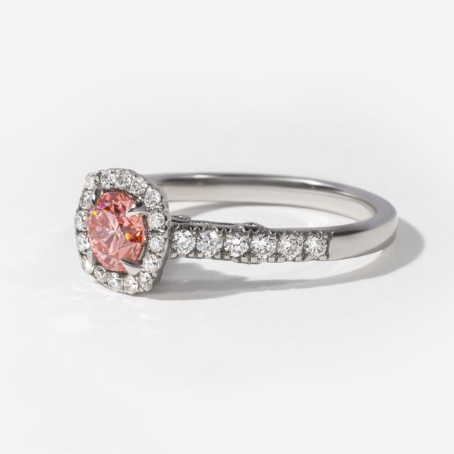 0.71 Ct Lab Grown Round Fancy Pink Diamond Platinum Halo Engagement Ring