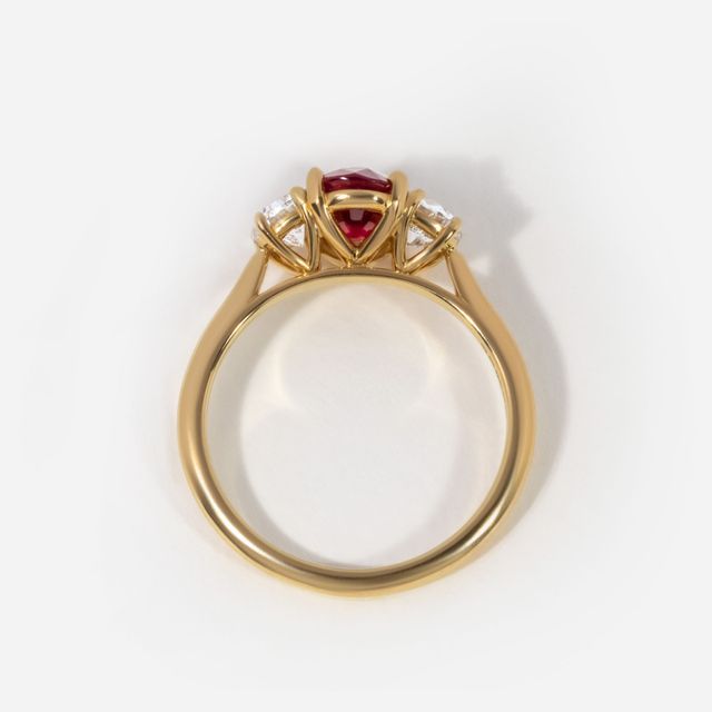 1.42ct Oval Ruby With Half Moon Side Diamond Trilogy Engagement Ring
