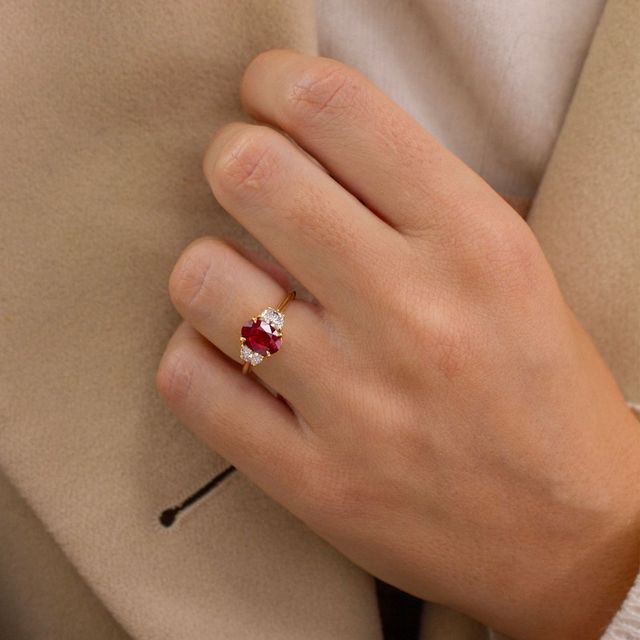 1.42ct Oval Ruby With Half Moon Side Diamond Trilogy Engagement Ring