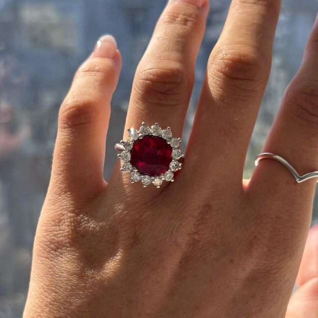 4.20ct Lab Grown Cushion Ruby Diamond Cluster Engagement Ring