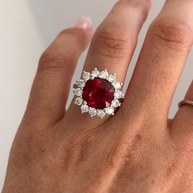 4.20ct Lab Grown Cushion Ruby Diamond Cluster Engagement Ring