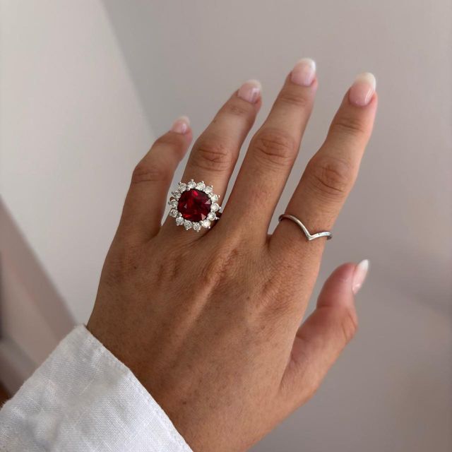 4.20ct Lab Grown Cushion Ruby Diamond Cluster Engagement Ring