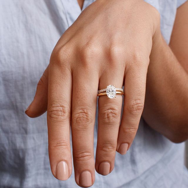 2 Carat Lab Grown Oval Cut Diamond Yellow Gold Kate Hidden Halo Engagement Ring