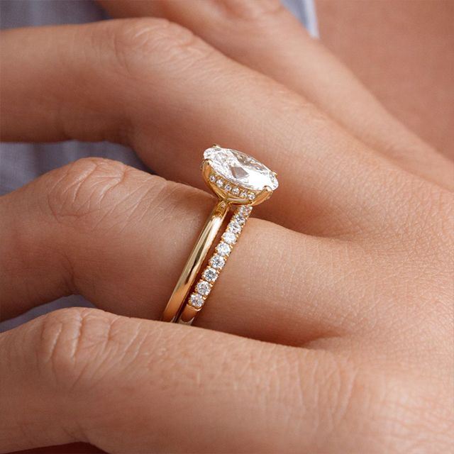 2 Carat Lab Grown Oval Cut Diamond Yellow Gold Kate Hidden Halo Engagement Ring