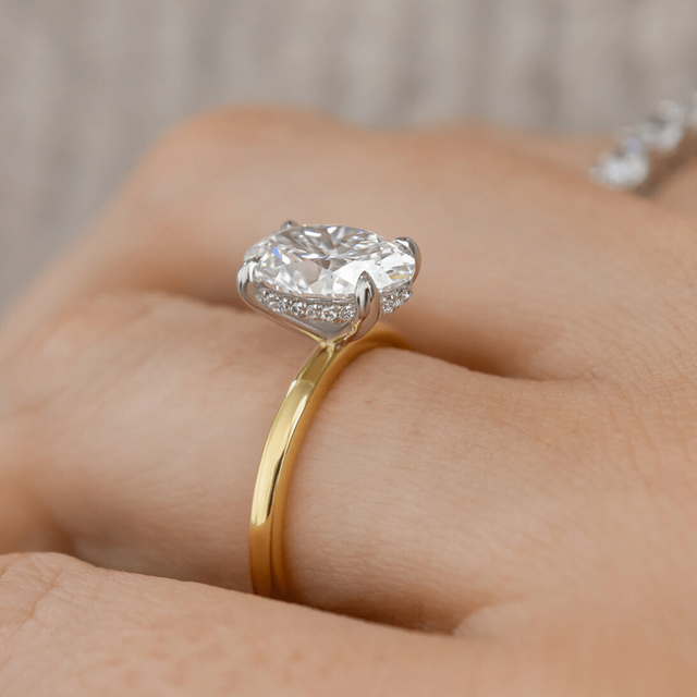 1.50 Carat Lab Grown Oval Cut Diamond Kate Two Tone Yellow Gold Hidden Halo Engagement Ring