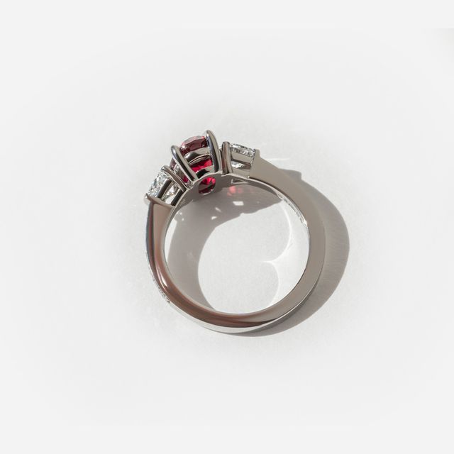 Oval Mozambique Ruby Platinum Trilogy Engagement Ring- 2.00Ct