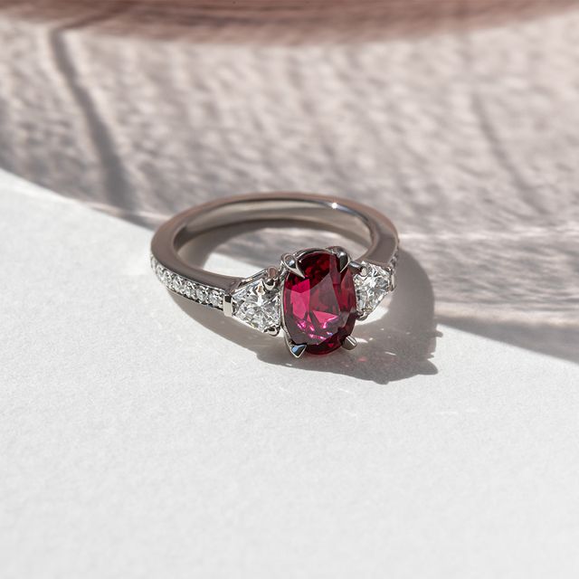 Oval Mozambique Ruby Platinum Trilogy Engagement Ring- 2.00Ct
