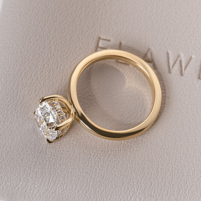 2 Carat Lab Grown Elongated Cushion Cut Diamond Yellow Gold Kate Hidden Halo Engagement Ring