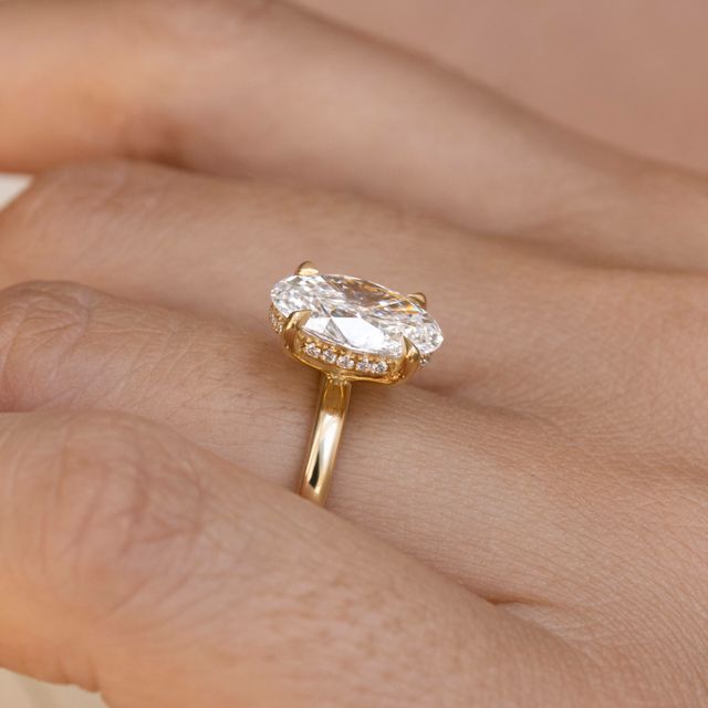 2.70 Carat Lab Grown Oval Cut Diamond Yellow Gold Hidden Halo Engagement Ring - Kate