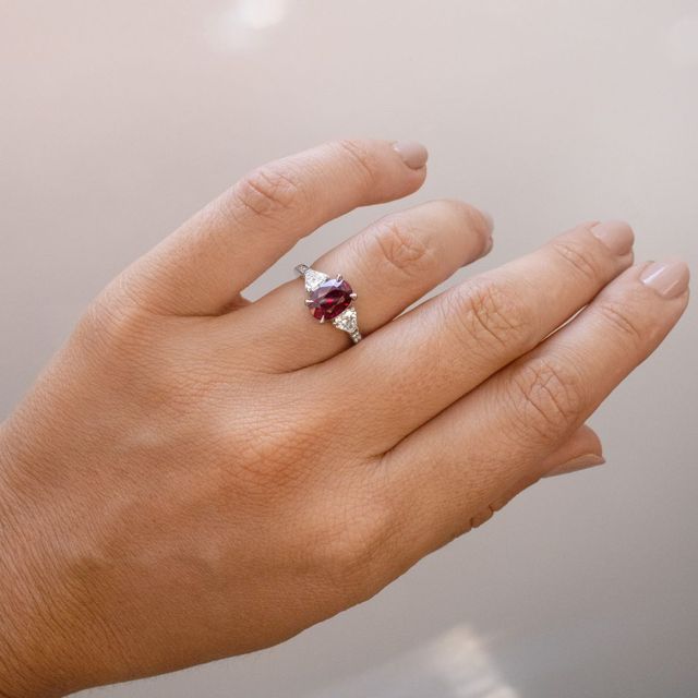 Oval Mozambique Ruby Platinum Trilogy Engagement Ring- 2.00Ct