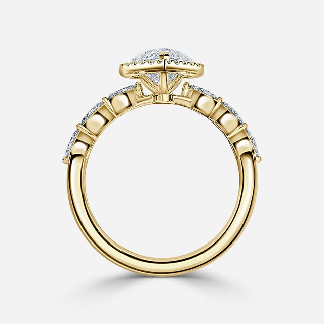 Zia Shared Prong Marquise Band Yellow Gold Halo Engagement Ring