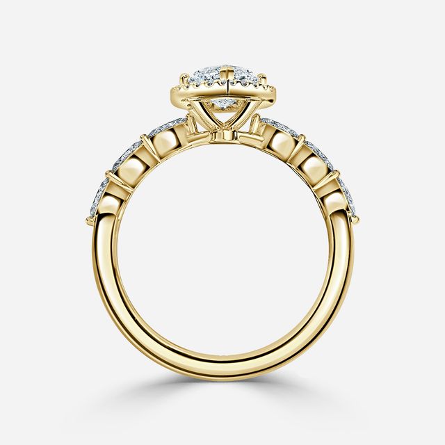 Zia Shared Prong Marquise Band Yellow Gold Halo Engagement Ring