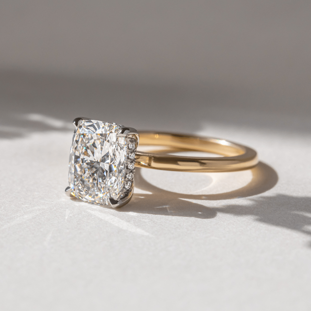 2.50 Carat Lab Grown Elongated Cushion Cut Diamond Kate Two Tone Yellow Gold Engagement Ring