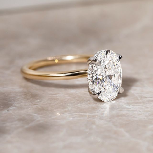 2 Carat Lab Grown Oval Cut Diamond Kate Two Tone Yellow Gold Hidden Halo Engagement Ring