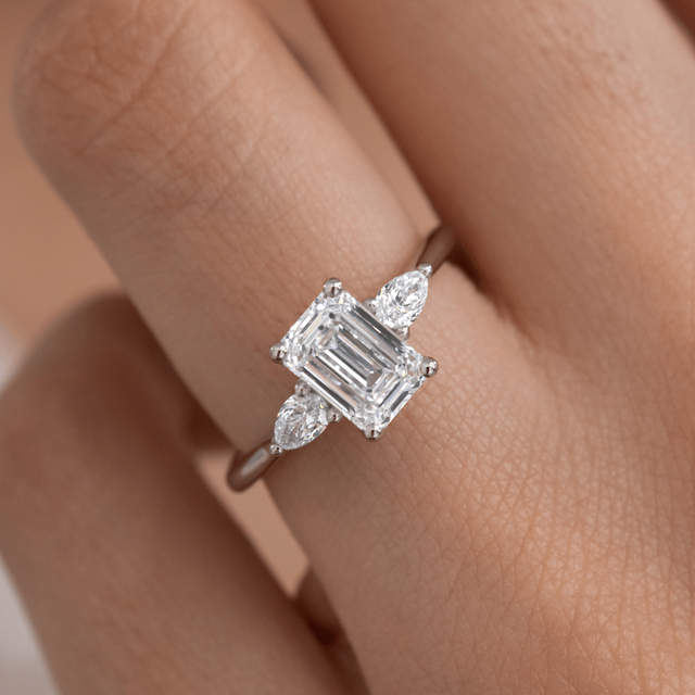 1.40ct Vivian Platinum Trilogy Engagement Ring Emerald And Pear Lab Diamond