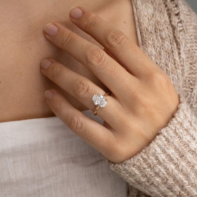 2 Carat Lab Grown Oval Cut Diamond Kate Two Tone Yellow Gold Hidden Halo Engagement Ring