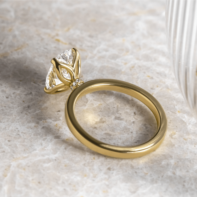 2 Carat Lab Grown Oval Cut Diamond Yellow Gold Jennifer Solitaire Hidden Halo Engagement Ring