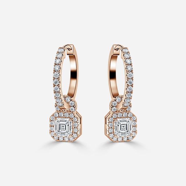 Halo Drop Asscher Diamond Earrings In Rose Gold