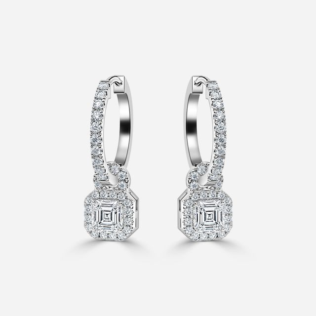 Halo Drop Asscher Diamond Earrings In White Gold
