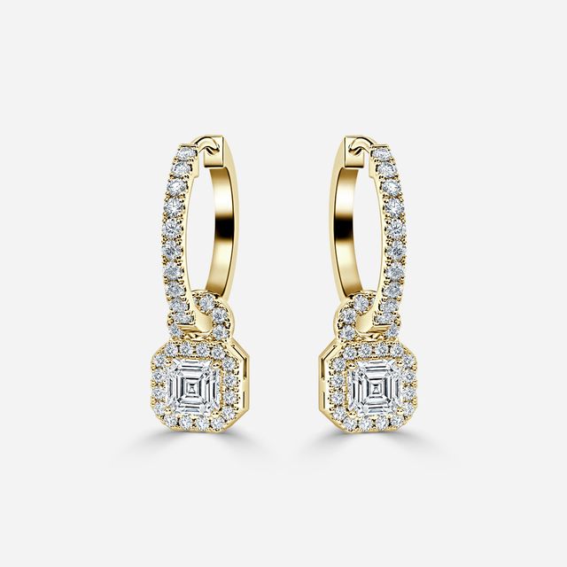 Halo Drop Asscher Earrings In Yellow Gold