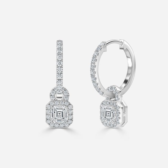 Halo Drop Asscher Diamond Earrings In White Gold
