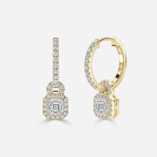 Halo Drop Asscher Earrings In Yellow Gold