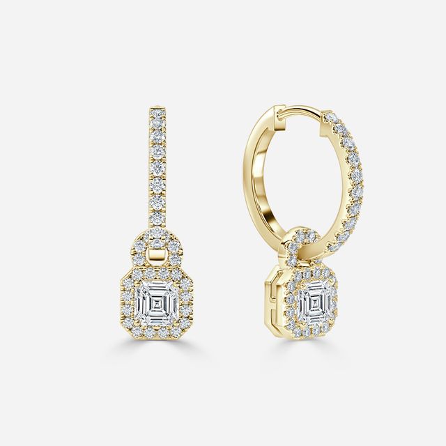 Halo Drop Asscher Earrings In Yellow Gold