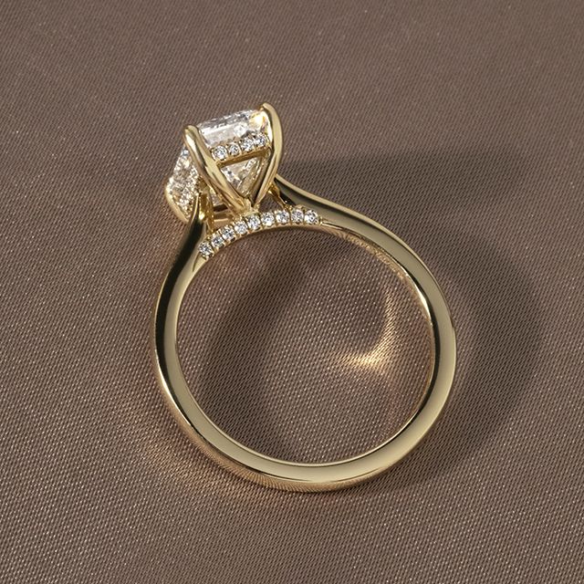 2ct Emerald Cut Lab Diamond Yellow Gold Juliette Hidden Halo Engagement Ring