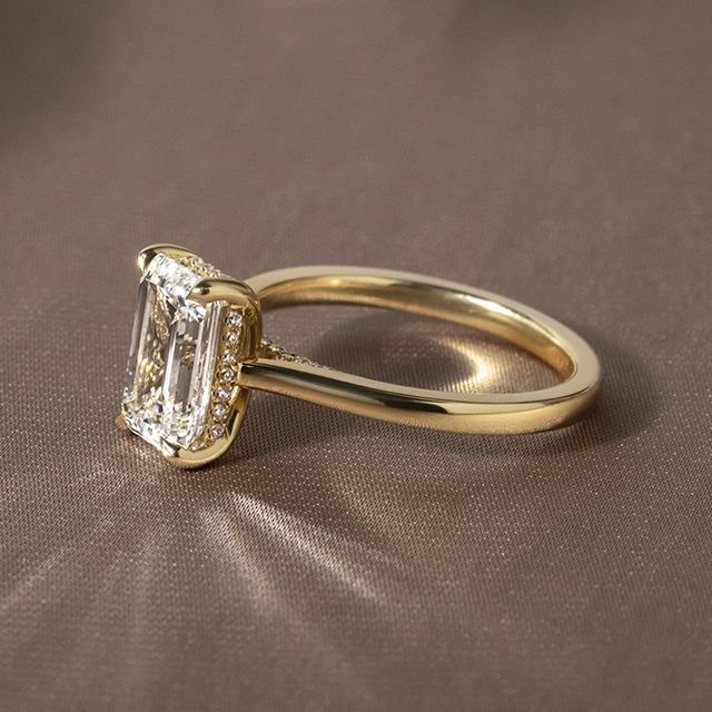 2ct Emerald Cut Lab Diamond Yellow Gold Juliette Hidden Halo Engagement Ring