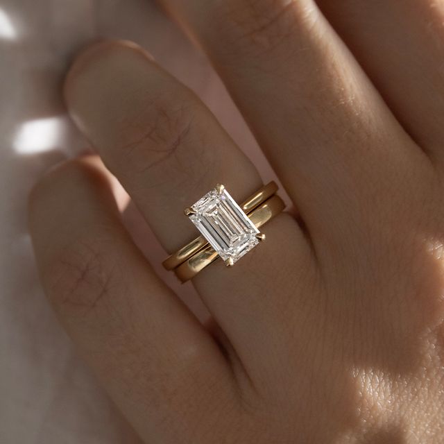 2ct Emerald Cut Lab Diamond Yellow Gold Juliette Hidden Halo Engagement Ring