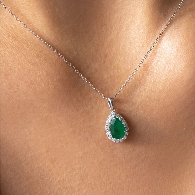 1.00 Ct Pear-Shaped Emerald Halo Pendant In White Gold