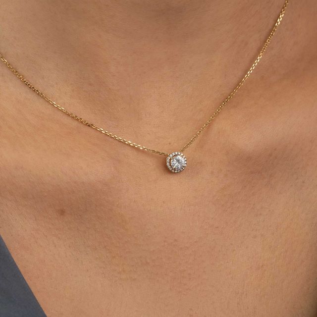 0.47 Carat Round Diamond Yellow Gold Halo Pendant