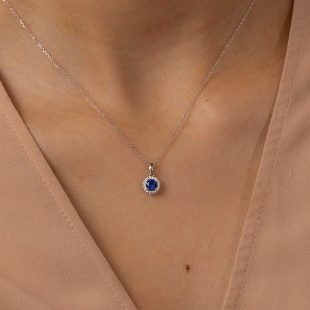 White Gold Halo Pendant Round Blue Sapphire Lab Diamond - 0.39ct