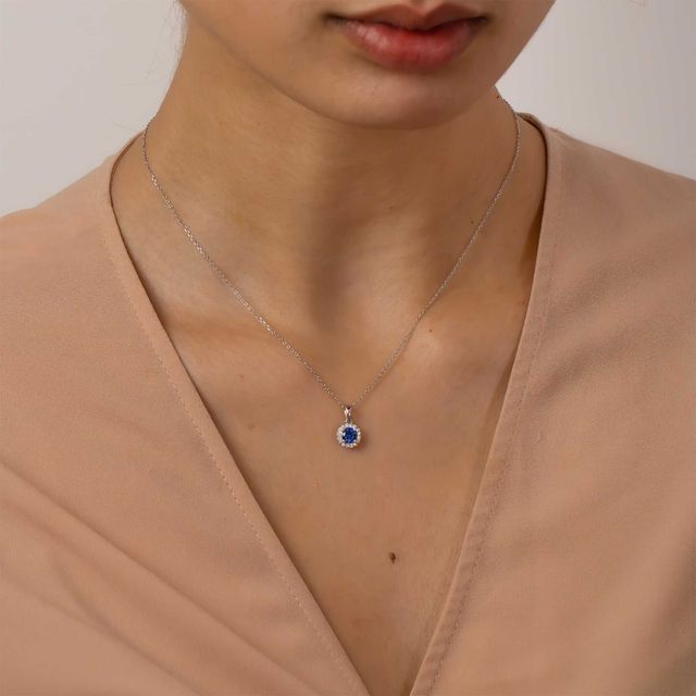 White Gold Halo Pendant Round Blue Sapphire Lab Diamond - 0.39ct