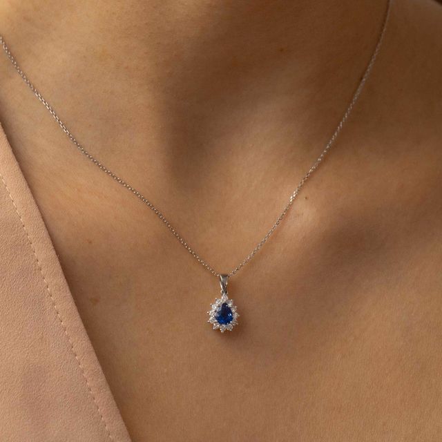 White Gold Pear Shaped Cluster Pendant Sapphire Lab Diamond - 0.50ct
