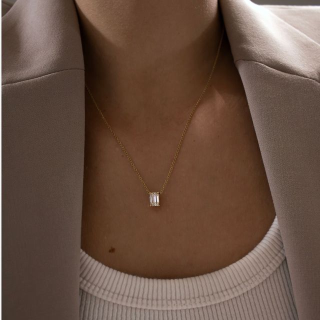0.60 Carat Lab Grown Emerald Cut Diamond Yellow Gold Solitaire Pendant