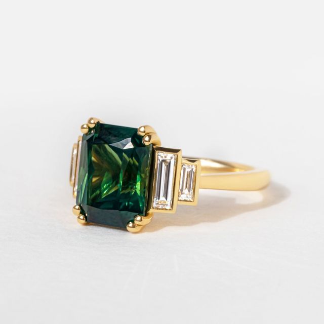 5.90 Carat Radiant Cut Teal Green Sapphire Baguette Diamond Five Stone Engagement Ring