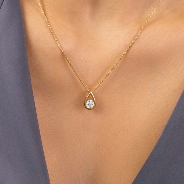 0.60 Carat Lab Grown Round Diamond Yellow Gold Drop Bezel Set Pendant