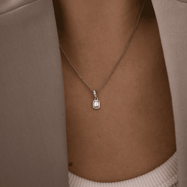 0.20 Carat Emerald Cut Diamond White Gold Halo Pendant