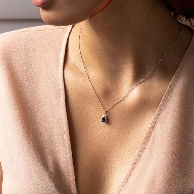 White Gold Halo Pendant Pear Sapphire Diamond - 0.30ct