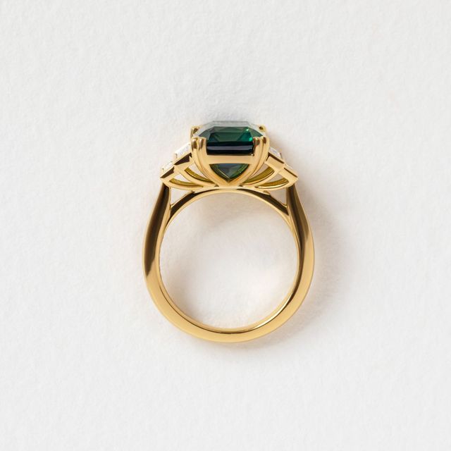 5.90 Carat Radiant Cut Teal Green Sapphire Baguette Diamond Five Stone Engagement Ring