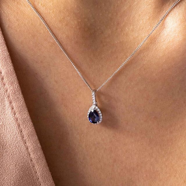 White Gold Halo Pendant Pear Sapphire Diamond - 0.30ct