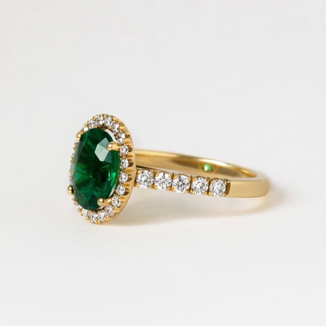 1.50 Carat Oval Green Emerald 18k Yellow Gold Halo Engagement Ring