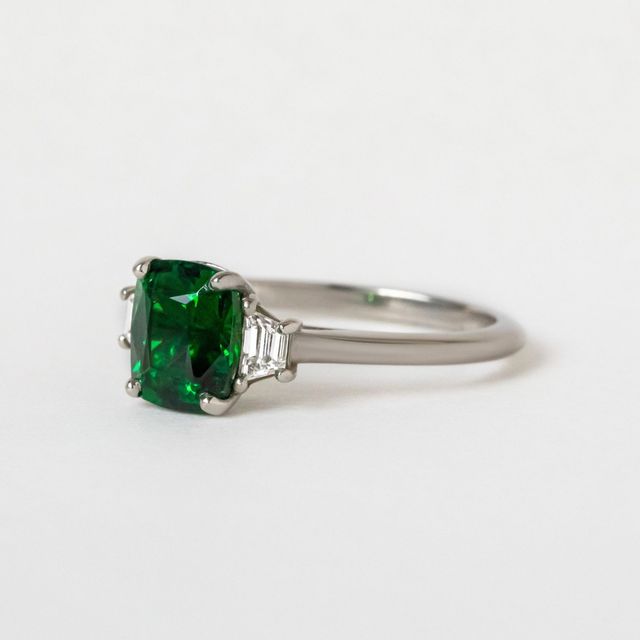 1.77 Carat Tsavorite Garnet Trapezoid Diamond Trilogy Engagement Ring