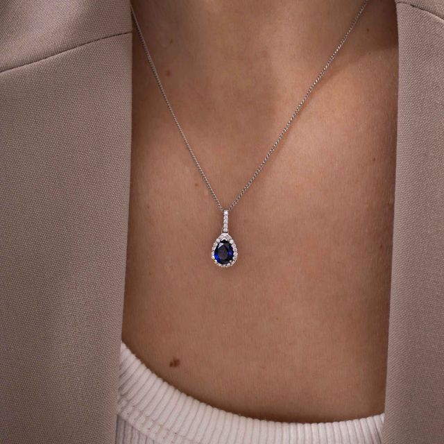 White Gold Halo Pendant Pear Sapphire Diamond - 0.30ct
